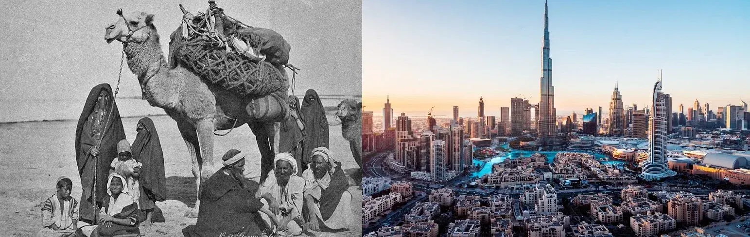 A side by side of the Bedouins of the past and the UAE today. “Only just over 40 years ago simple Bedouin villages existed where today’s skyscrapers stand.”